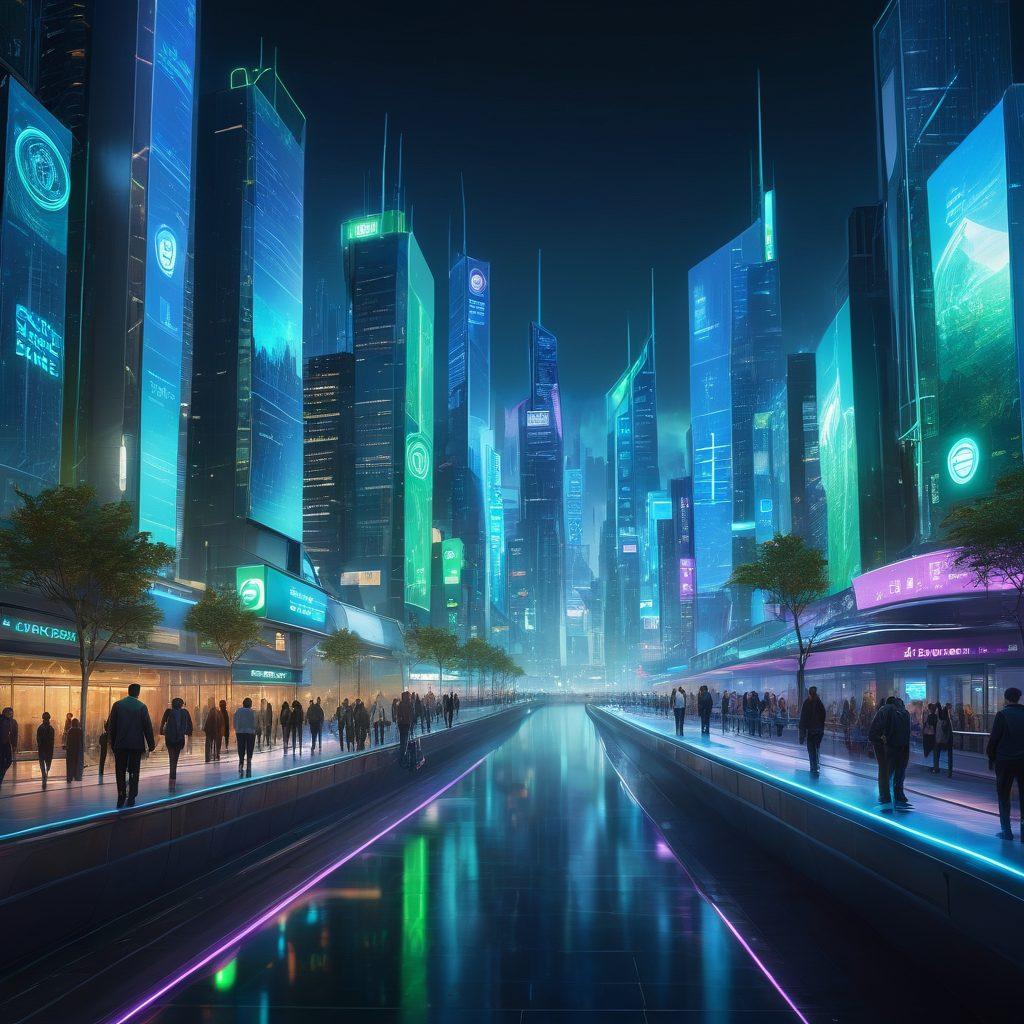 A futuristic landscape depicting a city integrated with digital insurance technology, featuring diverse individuals engaging with holographic interfaces displaying policy options and benefits. Include symbols of security, customization, and innovation like shields, graphs, and gears in a dynamic atmosphere. The skyline should showcase modern buildings with digital screens highlighting 'custom solutions'. Bright blues and greens to represent technology and trust. cyberpunk. vibrant colors. 3D.