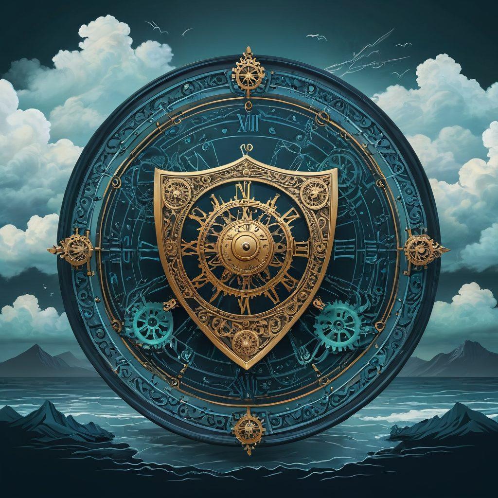 A conceptual illustration featuring a shield symbolizing protection, surrounded by gears and charts representing risk management strategies. In the background, a serene landscape transitions from stormy clouds to clear skies, symbolizing overcoming challenges. Integrate symbols like a lock for security and a compass for guidance. The color palette should blend calming blues and greens with hints of gold for optimism. vector art. vibrant colors. 3D.