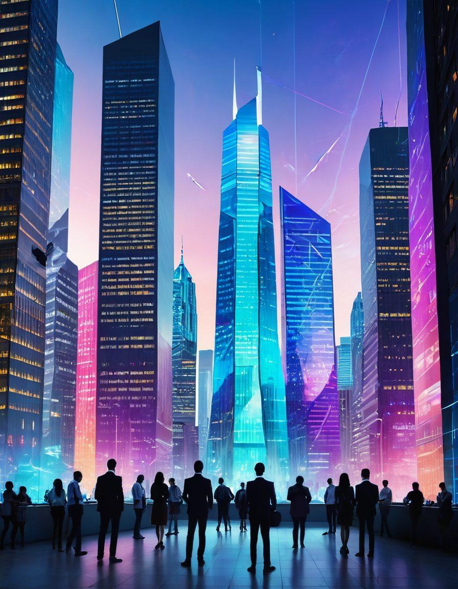 A futuristic city skyline blending insurance symbols like shields and checkmarks into the architecture. A diverse group of people are engaging in discussions about insurance coverage under a holographic display of quotes and risk management data. Bright, engaging colors to symbolize hope and innovation. Modern and sleek design elements to reflect the future-oriented theme. vibrant colors. 3D.